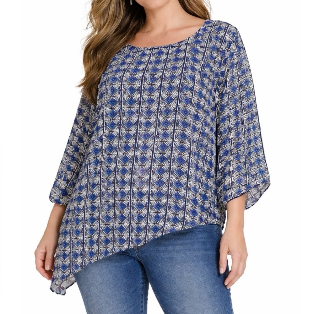 AB Studio black & Blue lightweight  asymmetrical blouse Patterned top SZ L